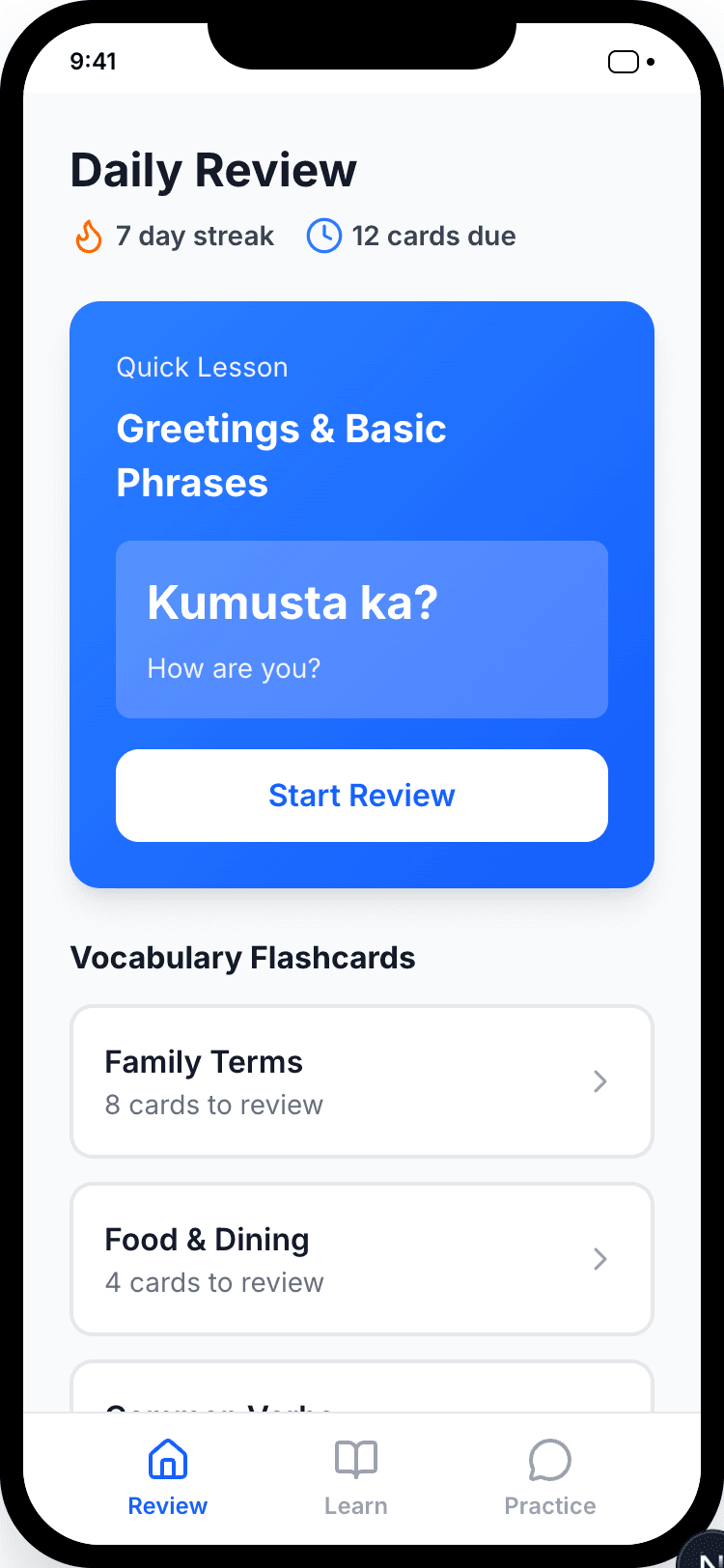 Review Screen - Daily vocabulary review and flashcards